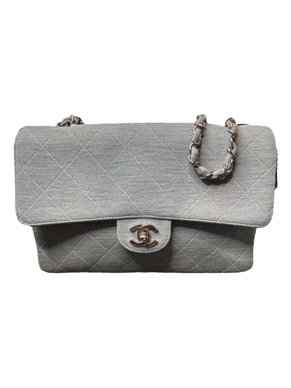 CHANEL Quilted Flap Shoulder Jersey Bag in Light Blue
